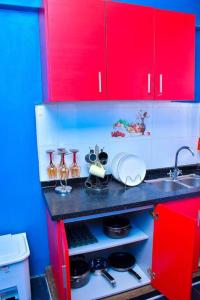 MaragoliCozier Domicile Apartments的红色的厨房,配有水槽和红色橱柜