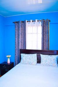 MaragoliCozier Domicile Apartments的蓝色的卧室设有床和窗户