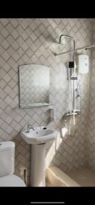 OblogoQueen's Hill Lodge的一间带水槽、卫生间和镜子的浴室