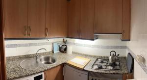 拉科鲁尼亚Apartamento zona Ria do Burgo的厨房配有水槽、炉灶和橱柜。