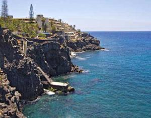 阿罗纳Tenerife Primavera的岩石海岸线,有房子和大海