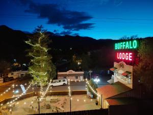 科罗拉多斯普林斯Buffalo Lodge Bicycle Resort - Amazing access to local trails & the Garden的夜中小镇上的圣诞树