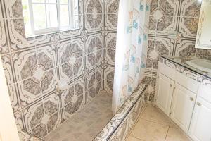 尼格瑞尔Charlie's Cottages的带淋浴、盥洗盆和卫生间的浴室