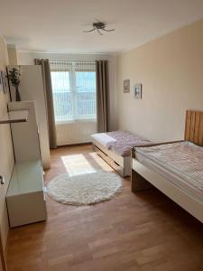 滨湖新锡德尔Haus Karner的卧室配有两张床和白色地毯。
