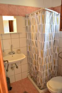 阿普索斯Αndreas Studios的浴室配有淋浴帘和盥洗盆。