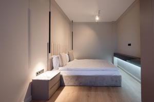克卢日-纳波卡Opera Apartments的一间小卧室,配有一张床和一张书桌