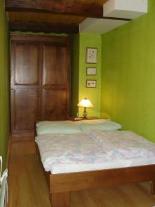 科斯塔涅维察Apartmaji Žolnir的一间卧室设有绿色的墙壁和一张带灯的床