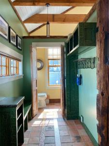 纽波特Magical Post And Beam Loft Downtown Newport!的一间带卫生间和绿色墙壁的浴室