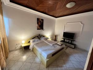 雅温得Prodiges Hôtel的一间卧室配有一张床和一台平面电视