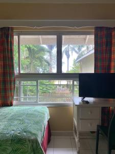 尼格瑞尔Family Comfort in Jamaica - Enjoy 7 miles of White Sand Beach! villa的一间卧室配有一张床、一张书桌和一个窗户。