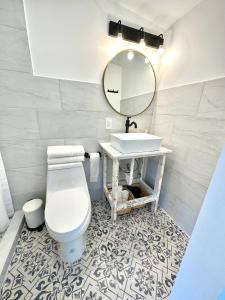 迈阿密Beach guests house的一间带卫生间、水槽和镜子的浴室