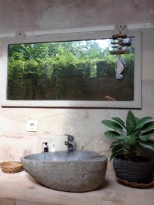 吉利美诺Villa Sea La Vie Private pool的一间带石制水槽和盆栽的浴室