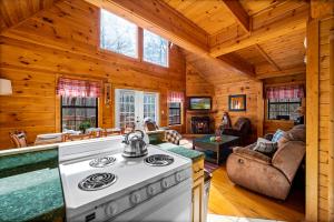 赛维尔维尔Great Smoky Mountains Cabin!, Secluded, Pet-Kid Friendly!的小屋内的厨房和带炉灶的客厅