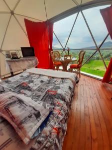 瓜塔维塔Glamping Mi Casita的帐篷内带一张床和一张桌子的房间
