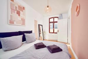 莱比锡casanando - LaMaison - neu saniert in ruhiger Innenstadtlage的一间卧室配有一张带两个枕头的床