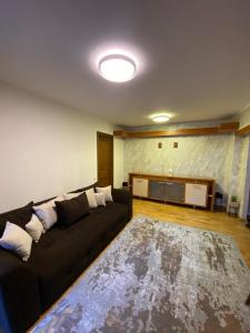 锡纳亚Maria Apartament的客厅配有黑色沙发和地毯。