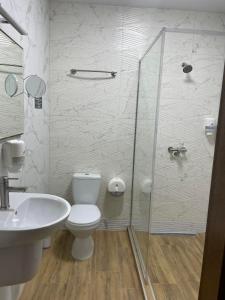 赫梅利尼茨基Fortetsya的带淋浴、卫生间和盥洗盆的浴室