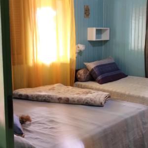 特拉曼达伊Pousada Atlântica stay home的卧室配有两张床,地板上放着一只狗。