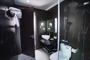 高平La Maison Boutique Hotel的黑色浴室设有卫生间和水槽