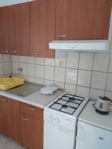 尼亚卢卡Apartman Bačić的厨房配有炉灶和白色炉灶烤箱。