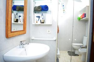 圣巴尔托洛梅Habitacion doble con baño entrada privada para huéspedes的一间带水槽、卫生间和镜子的浴室