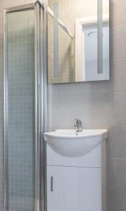 沃特福德Brownstown Head Room 4的浴室配有盥洗盆和带镜子的淋浴
