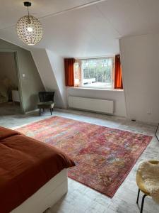 鹿特丹Unieke woonark met privétuin en free parking.的卧室配有一张床,地板上铺有地毯
