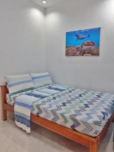 莫阿尔博阿Jah’s Anemone Dive Guesthouse的卧室配有一张挂在墙上的床铺