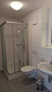 BreitenbrunnGasthof zum Lehnerwirt的带淋浴、卫生间和盥洗盆的浴室