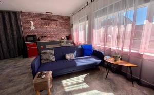 Saint DavidsDalgety Bay Luxury Studio Apartment的客厅配有蓝色的沙发和桌子