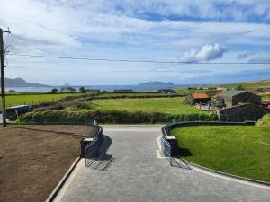 DunquinDunquin House Bed and Breakfast的通往海景田野的道路