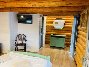 莱斯诺夫Cabana din Groapa Frumoasa的一间卧室配有一张床、一台电视和一把椅子