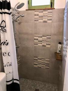 阿尔武希耶斯Amazing 4-Bed Cottage lost in Montseny Nature的浴室内配有淋浴帘。