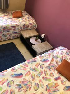 阿蒂巴亚Hospedagem Maria Joana的一间卧室配有两张床和一张带被子的床