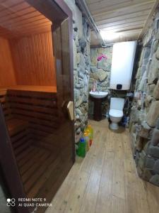 德泽姆布洛尼亚Велика Дзен Хата的一间带卫生间和石墙的浴室