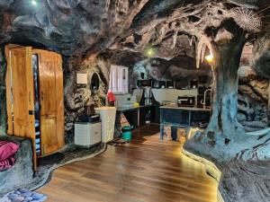 马迪凯里Rai’s Coorg Cave House的洞穴内有树的厨房
