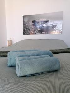拉斯内格拉斯Apartamento Viento Del Sur的卧室配有一张带蓝色毛巾的床,位于地板上