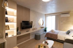 拉里萨Apo-Zachari elegant apartment的客房设有床、电视和沙发。