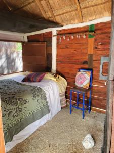 巴卡拉尔Near Lake Hostal的小屋内一间卧室配有一张床和一把椅子