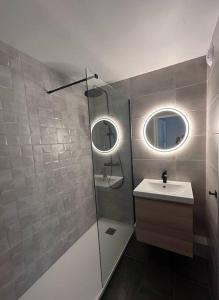 尼斯Magnifique studio au bord de mer的带淋浴、盥洗盆和镜子的浴室