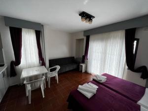 马尔马里斯安迪公寓酒店的一间卧室配有一张紫色的床和一张沙发
