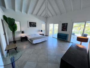 圣马丁岛Villa Taïana的一间卧室配有一张床和一张玻璃桌