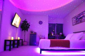 洛杉矶Exclusive Private Room in the Shared Apartment by the Ocean的紫色卧室配有一张床和紫色天花板
