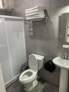 马萨特兰Posada 53的浴室配有卫生间、淋浴和盥洗盆。