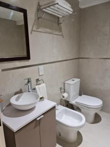 布宜诺斯艾利斯Paseo De La Cisterna UF 320的一间带水槽、卫生间和镜子的浴室