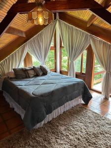 蒙特韦尔迪Casa das Pedras的一间卧室配有一张带窗帘和吊灯的床。