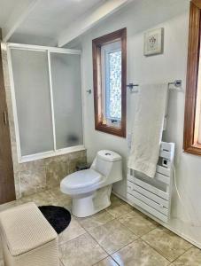 巴拉斯港Cabañas EL CIERVO, Los Riscos, Puerto Varas的白色的浴室设有卫生间和窗户。