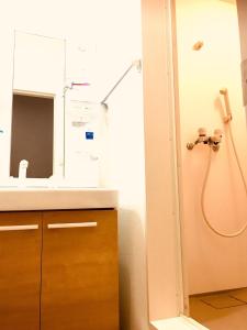 大阪Guest House Kirara - Vacation STAY 88539的浴室配有盥洗盆和带镜子的淋浴