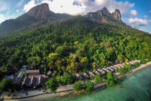 刁曼岛Tunamaya Beach & Spa Resort Tioman Island的山前的度假胜地的空中景观