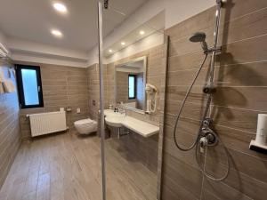 萨图马雷Charm Boutique Hotel的带淋浴、卫生间和盥洗盆的浴室